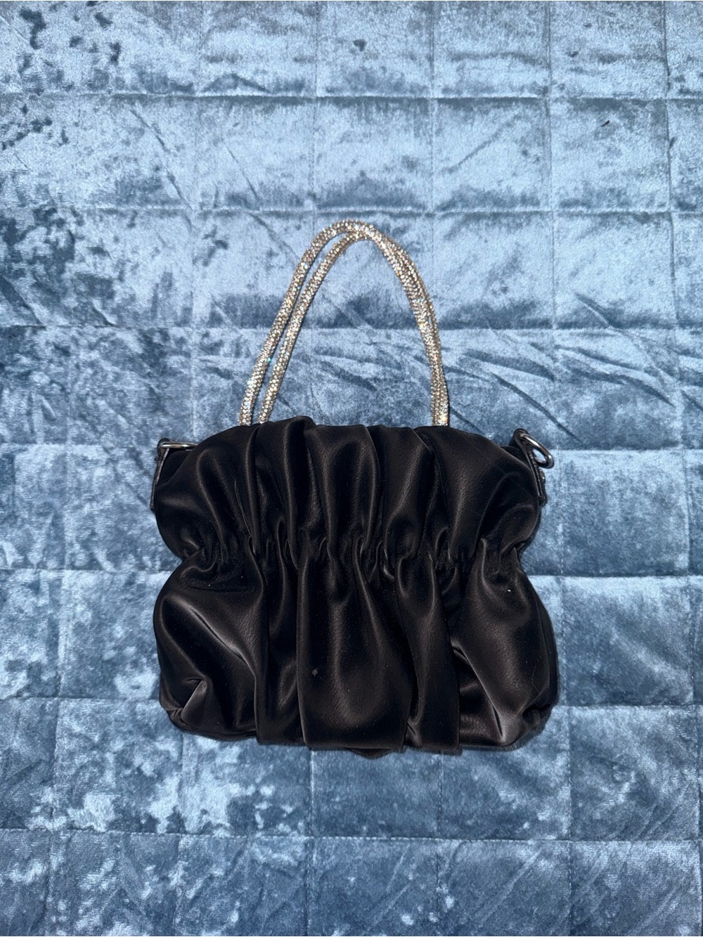 Fashion Nova Black Ruched Mini Bag with Crystal Handle